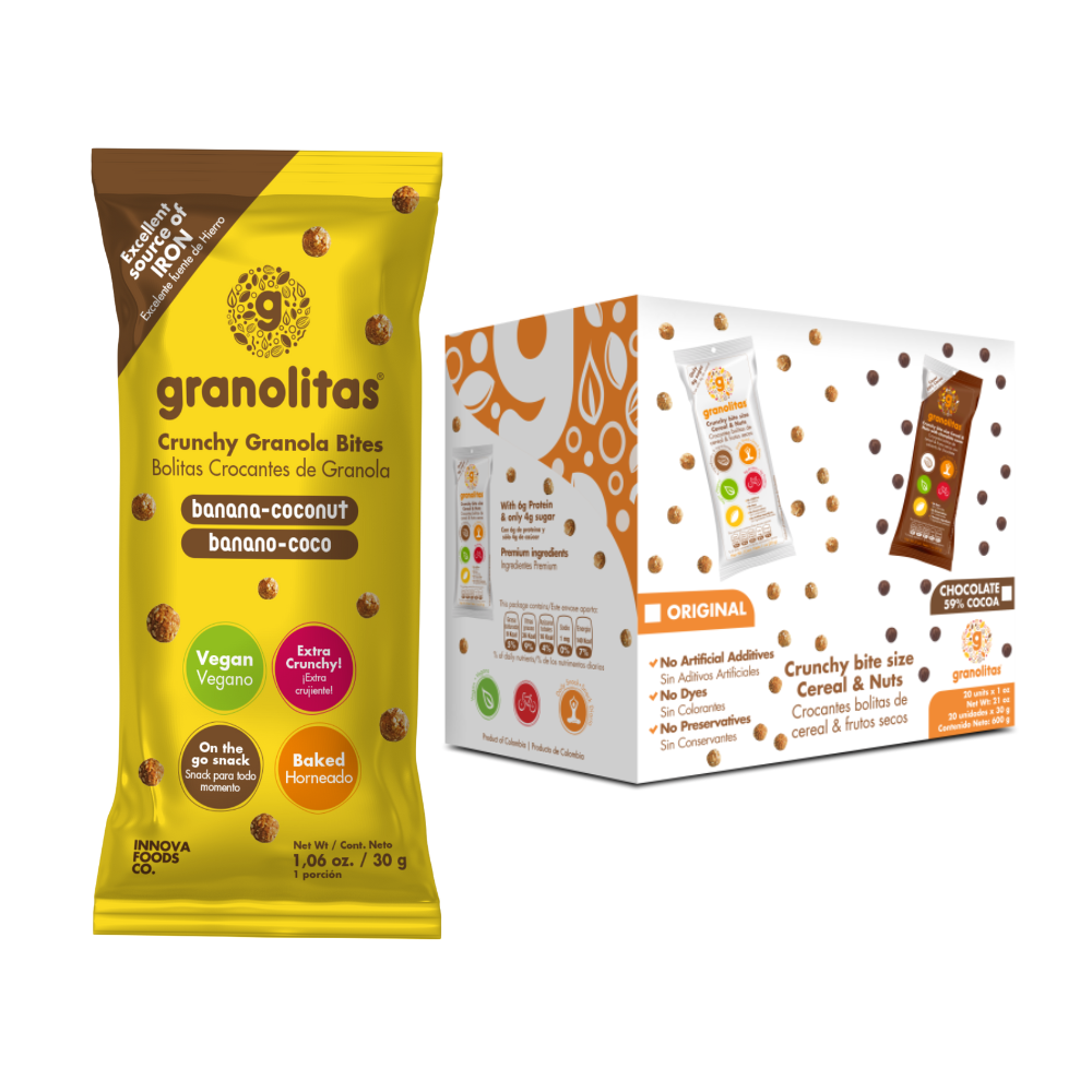 GRANOLITAS BANANO COCO caja x 24. unidades (Bolitas crocantes)