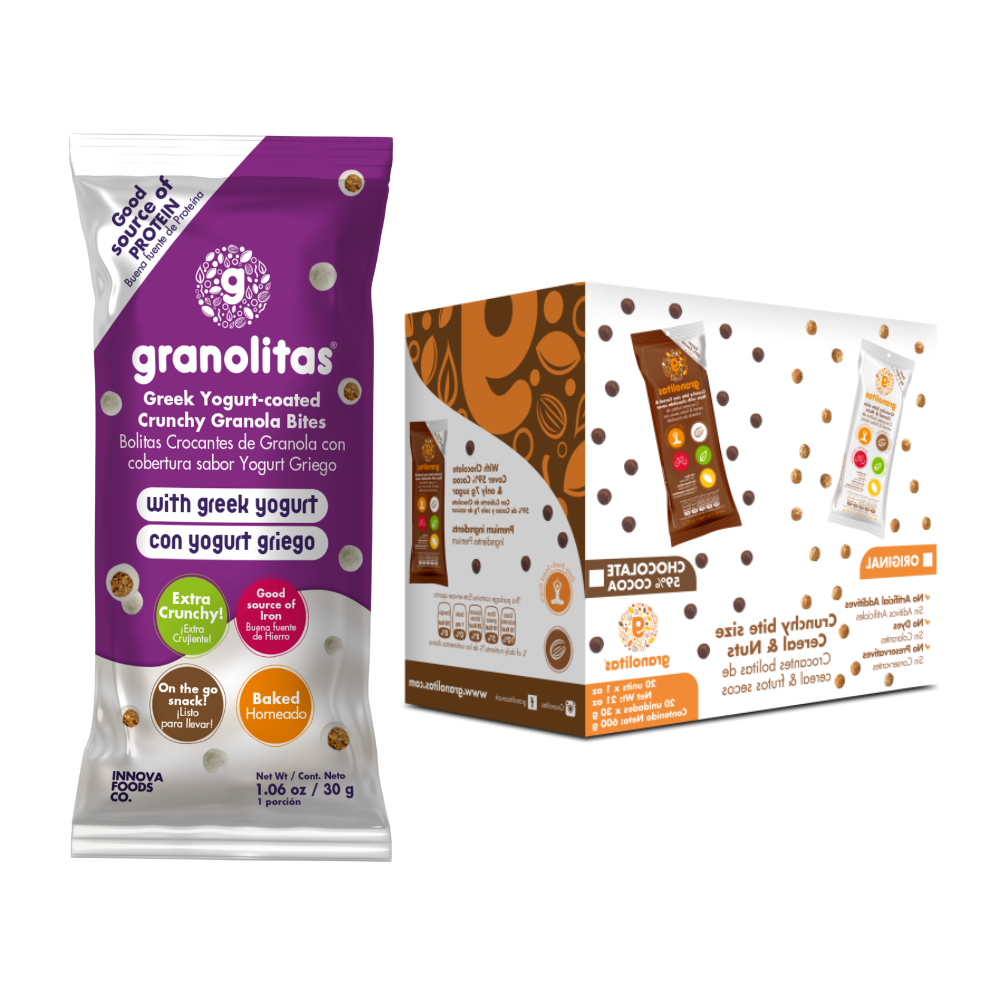 GRANOLITAS YOGURT GRIEGO Caja x 24 unidades de 30g (Bolitas crocantes de granola con cubierta de yogurt griego)