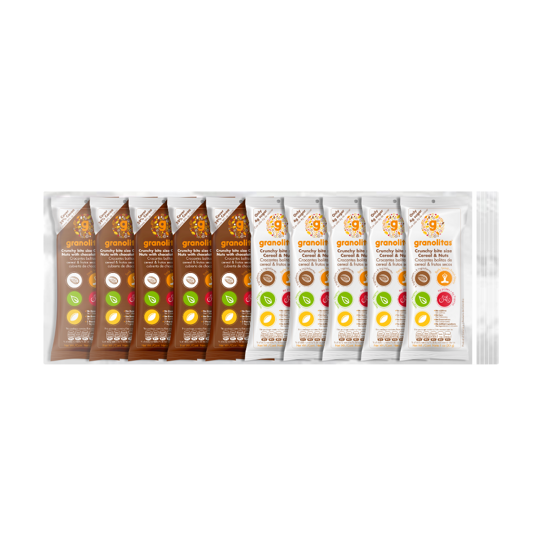 GRANOLITAS SURTIDAS ALMENDRA NUEZ & CHOCOLATE 59% Pack x 10 unidades 30g (Bolitas crocantes de granola en 2 sabores)