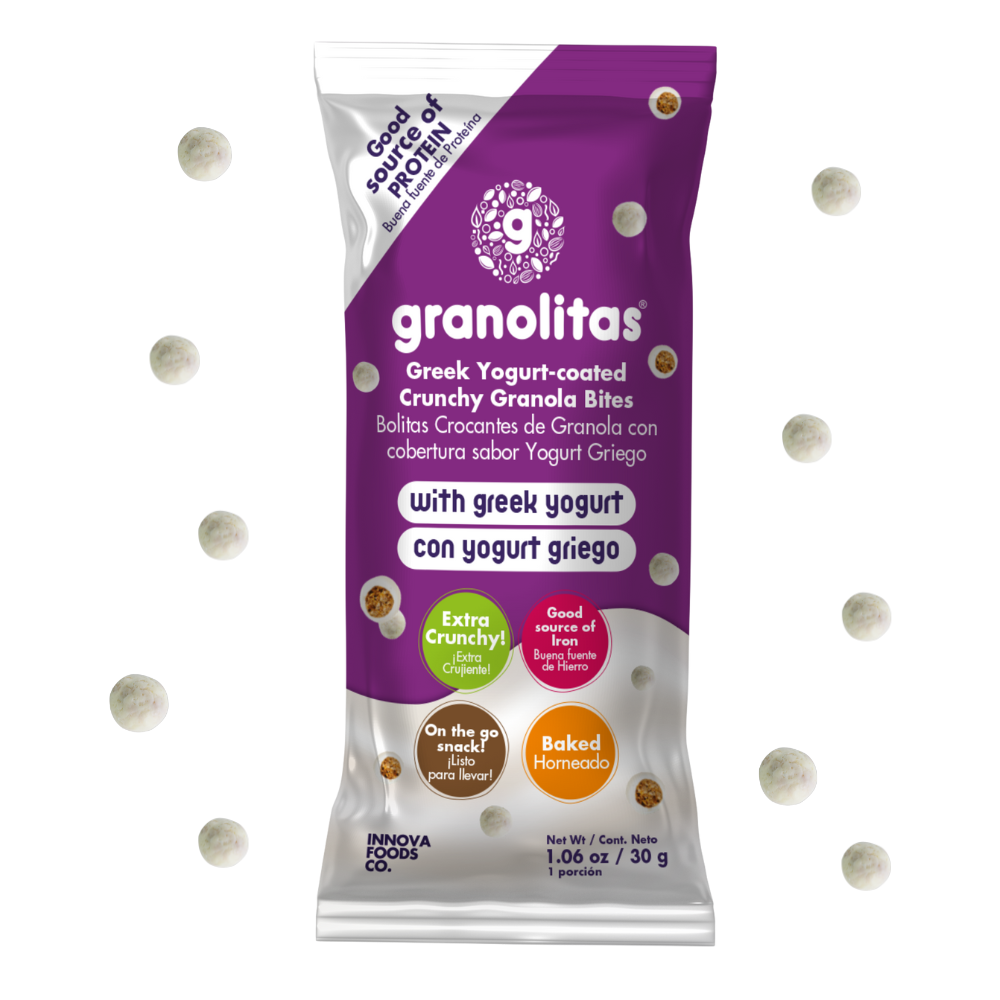 GRANOLITAS YOGURT GRIEGO Caja x 24 unidades de 30g (Bolitas crocantes de granola con cubierta de yogurt griego)
