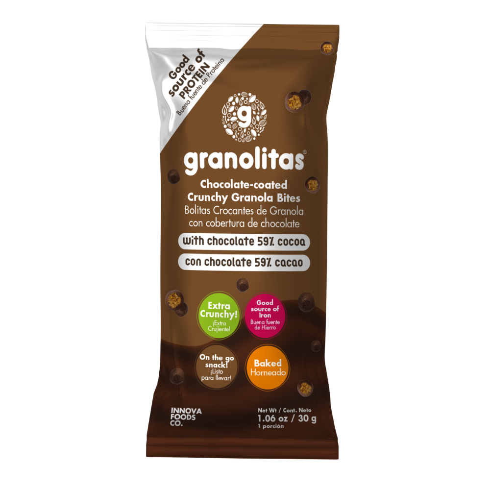 GRANOLITAS CHOCOLATE 59% Pack x 10 Unidades de 30g (Bolitas crocantes de granola con cubierta de chocolate 59% cacao)