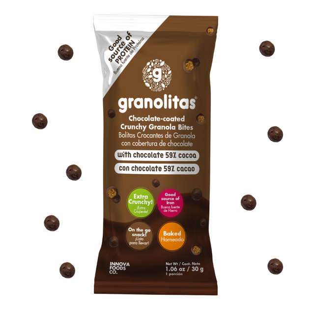 LONCHERA GRANOLITAS X 5 unidades de 30g (Bolitas crocantes, Almendra-Nuez, Chocolate 59%, Banano coco, Yogurt griego, café)