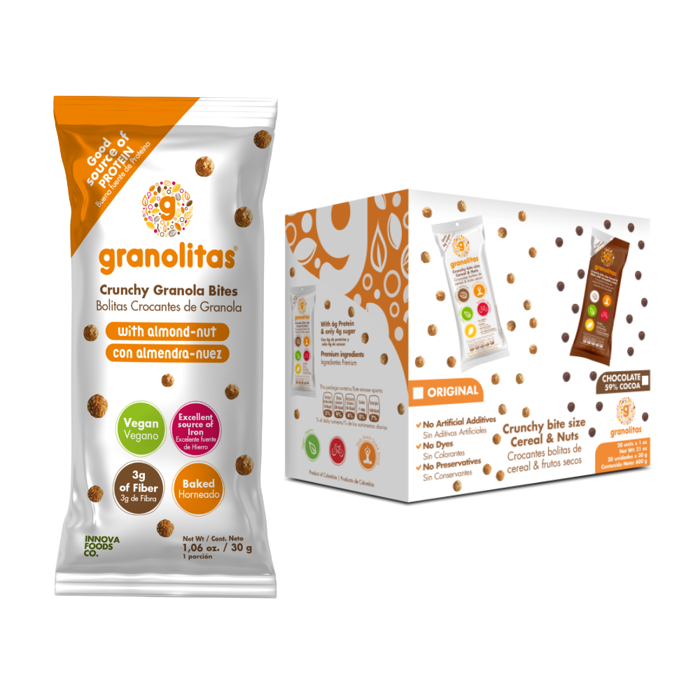 GRANOLITAS ALMENDRA NUEZ Caja x 24 unidades de 30g (Bolitas crocantes de granola)