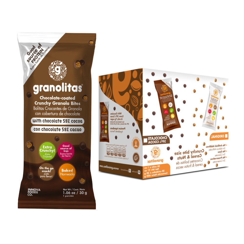 Granolitas Chocolate 59% Caja x 24 unidades de 30g (Bolitas crocantes con cubierta de chocolate 59% cacao))