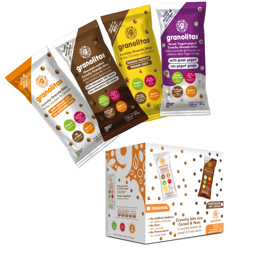 GRANOLITAS SURTIDAS 4 SABORES Caja x 24 unidades de 30g (Bolitas crocantes, 6 Almendra-Nuez, 6 Chocolate 59%, 6. Banano coco y 6 Yogurt griego)