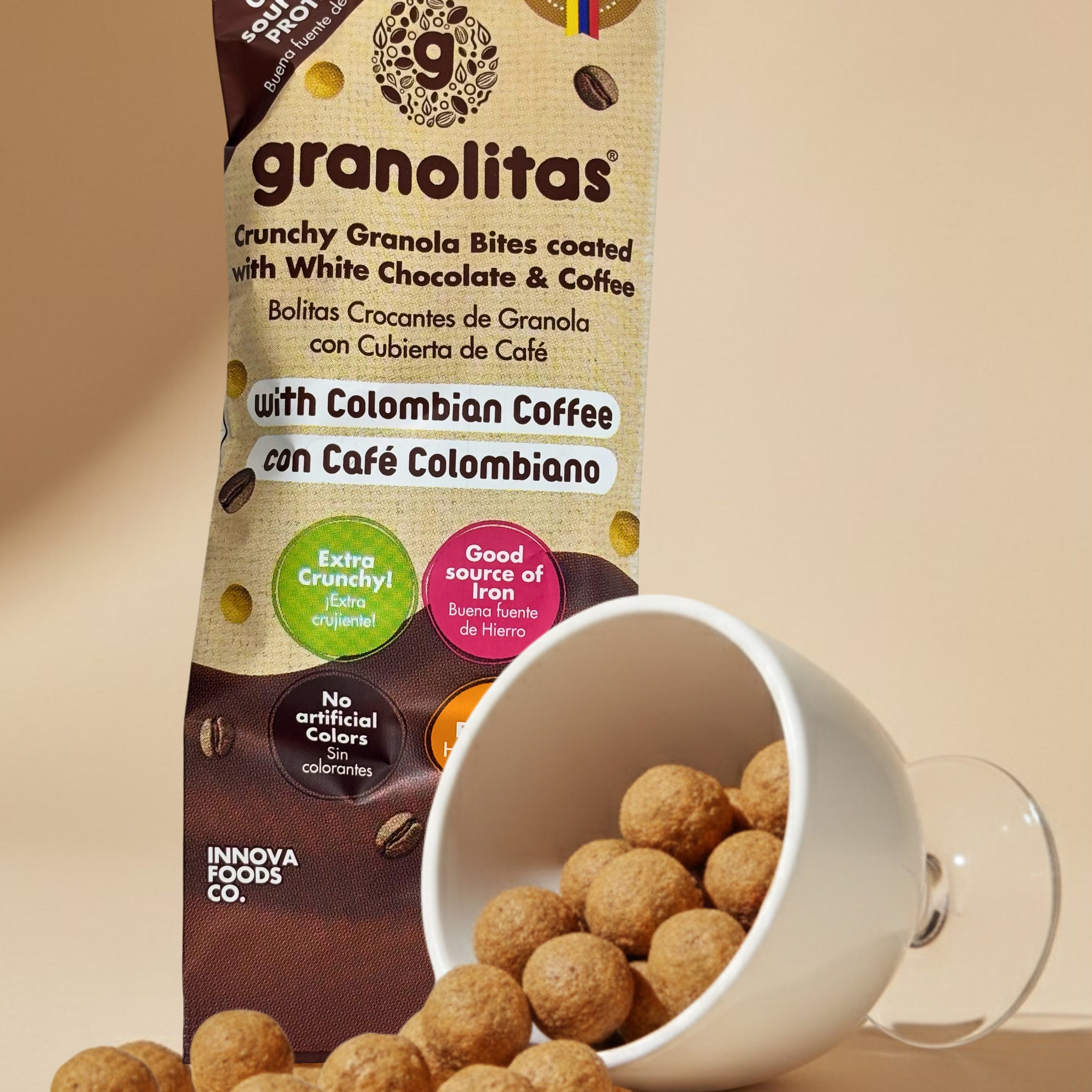 GRANOLITAS DE CAFÉ CON CUBIERTA DE CHOCOLATE BLANCO pack x 10 unidades de 30g (Bolitas Crocantes de granola)