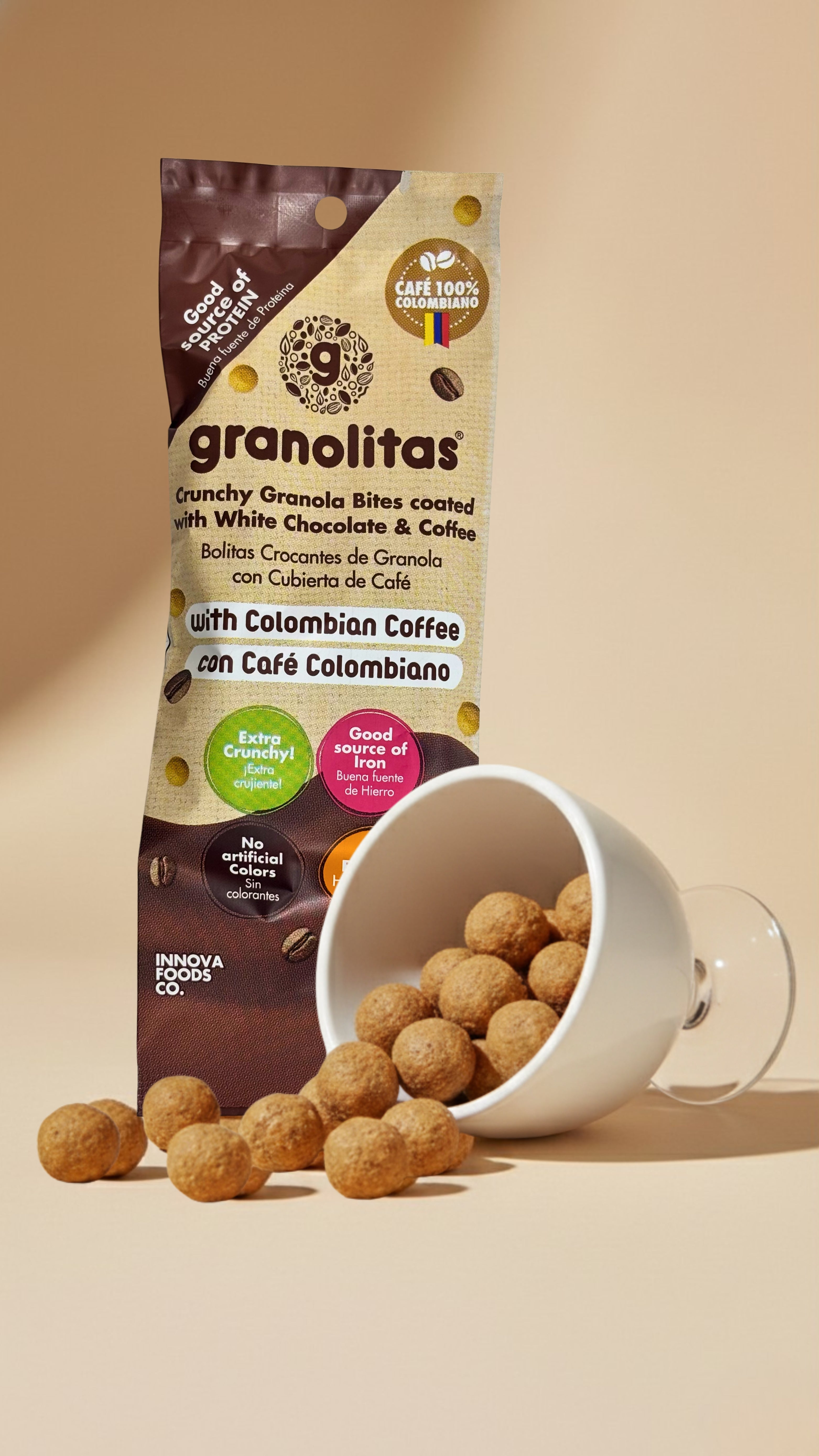 GRANOLITAS DE CAFÉ CON CUBIERTA DE CHOCOLATE BLANCO pack x 10 unidades de 30g (Bolitas Crocantes de granola)
