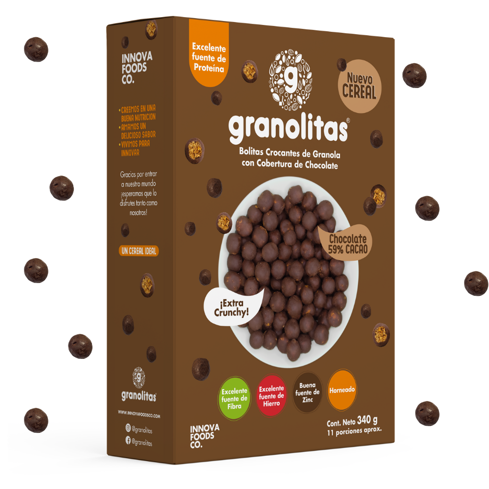 CEREAL GRANOLITAS x 340g  (Bolitas crocantes de Granola con cobertura de chocolate 59% cacao) NUEVO!