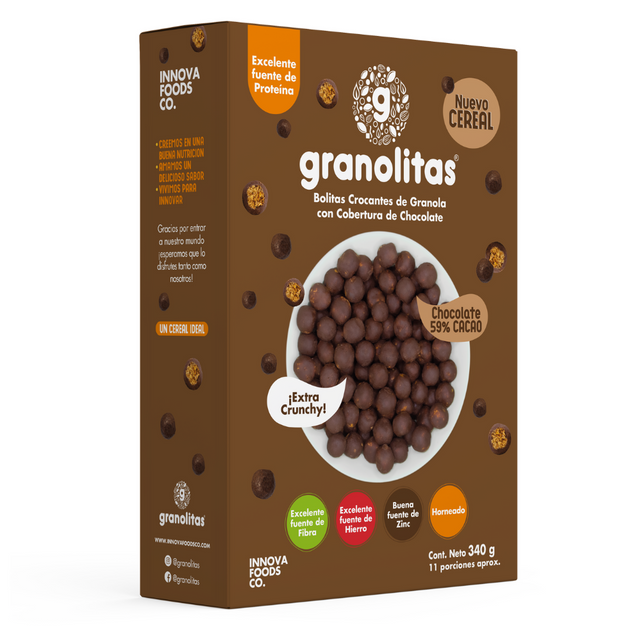 CEREAL GRANOLITAS x 340g  (Bolitas crocantes de Granola con cobertura de chocolate 59% cacao) NUEVO!