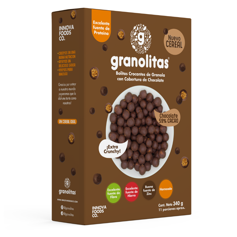 CEREAL GRANOLITAS x 340g  (Bolitas crocantes de Granola con cobertura de chocolate 59% cacao) NUEVO!
