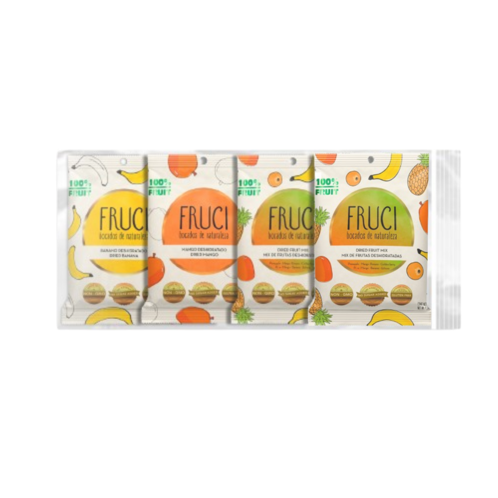Fruci100% Surtidas Pack x 4 unidades 30g (Fruta deshidratada: Banano, Mango, Mix)