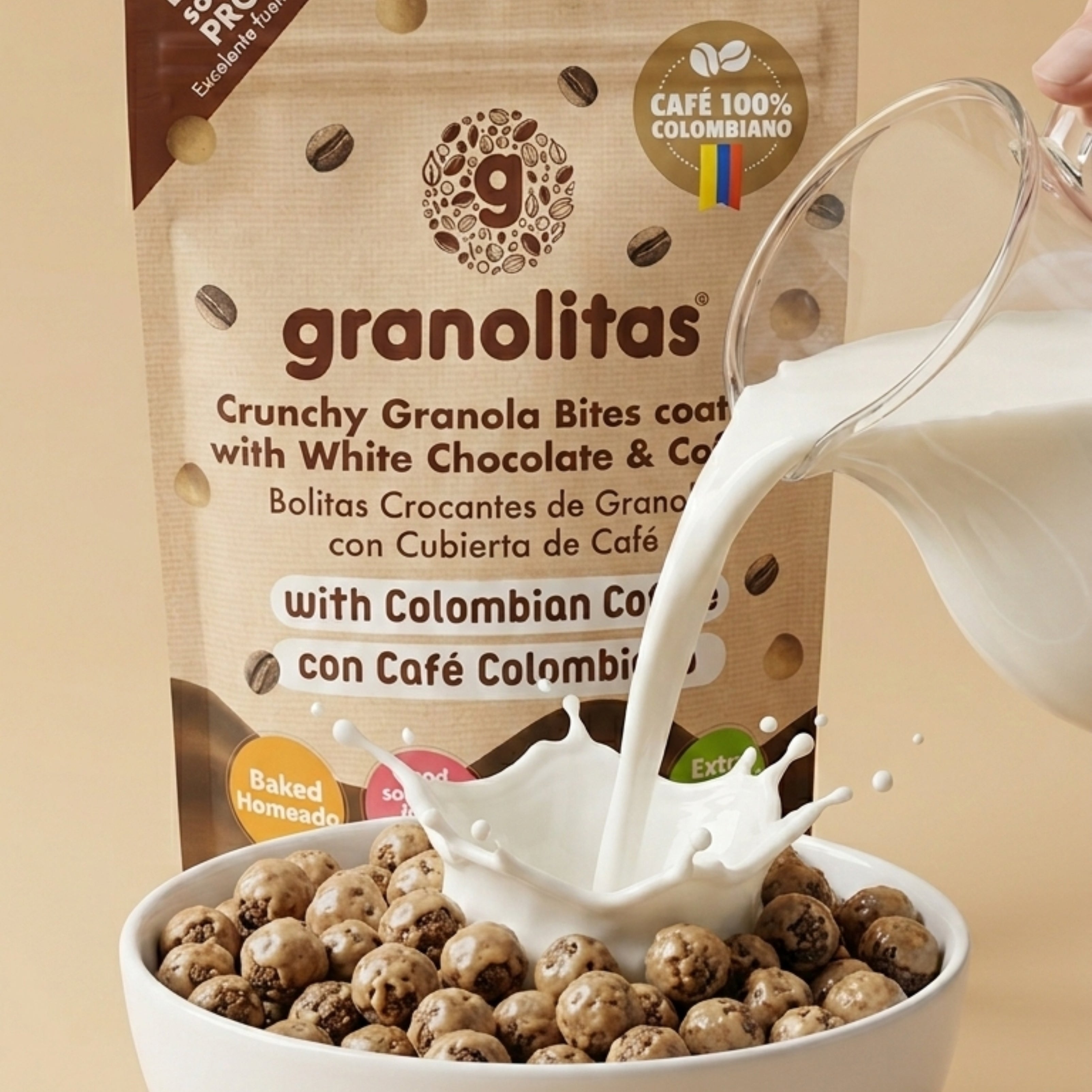 GRANOLITAS DE CAFÉ CON CUBIERTA DE CHOCOLATE BLANCO x 150g (Bolitas crocantes con cubierta de café)