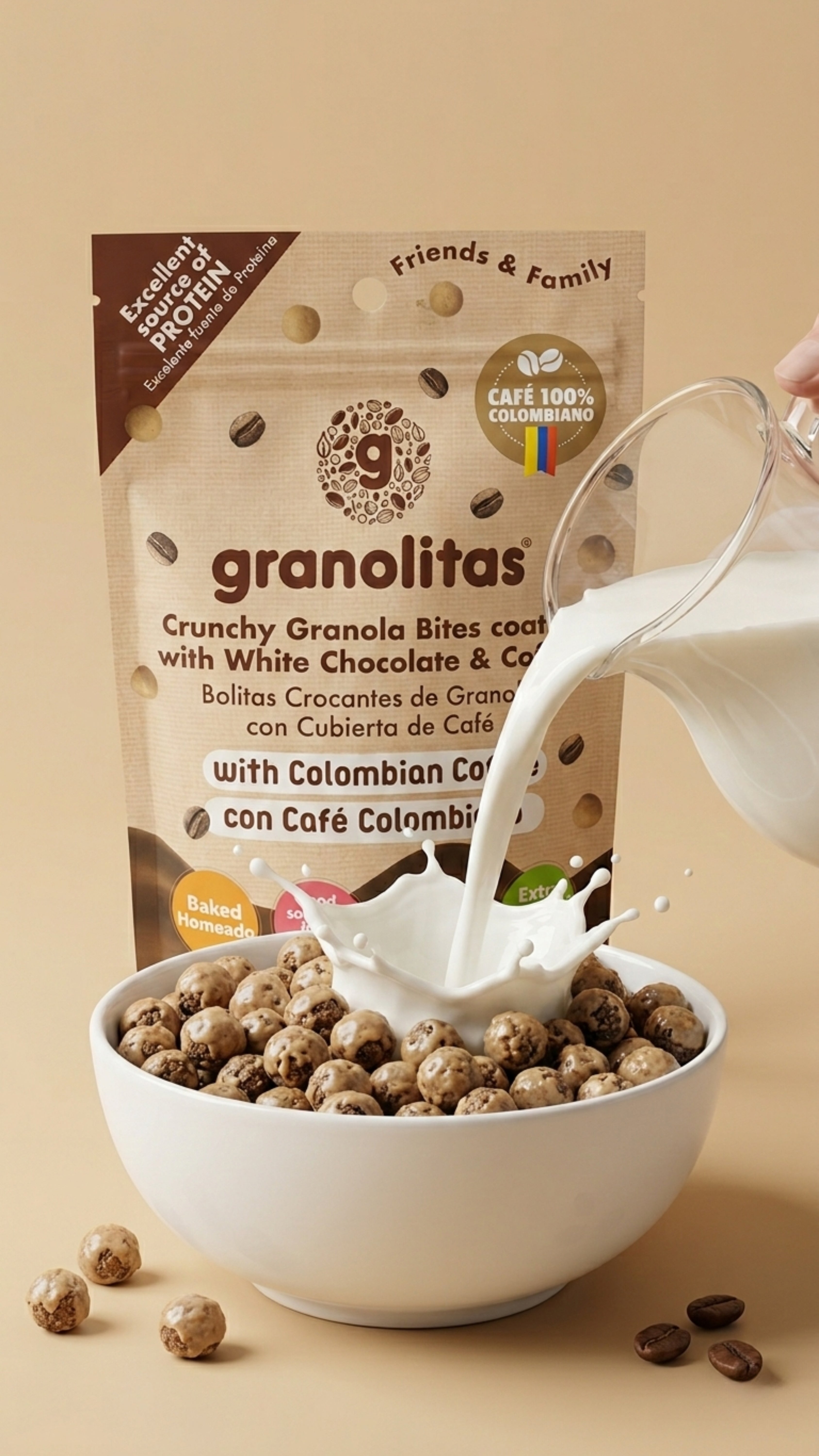 GRANOLITAS DE CAFÉ CON CUBIERTA DE CHOCOLATE BLANCO x 150g (Bolitas crocantes con cubierta de café)