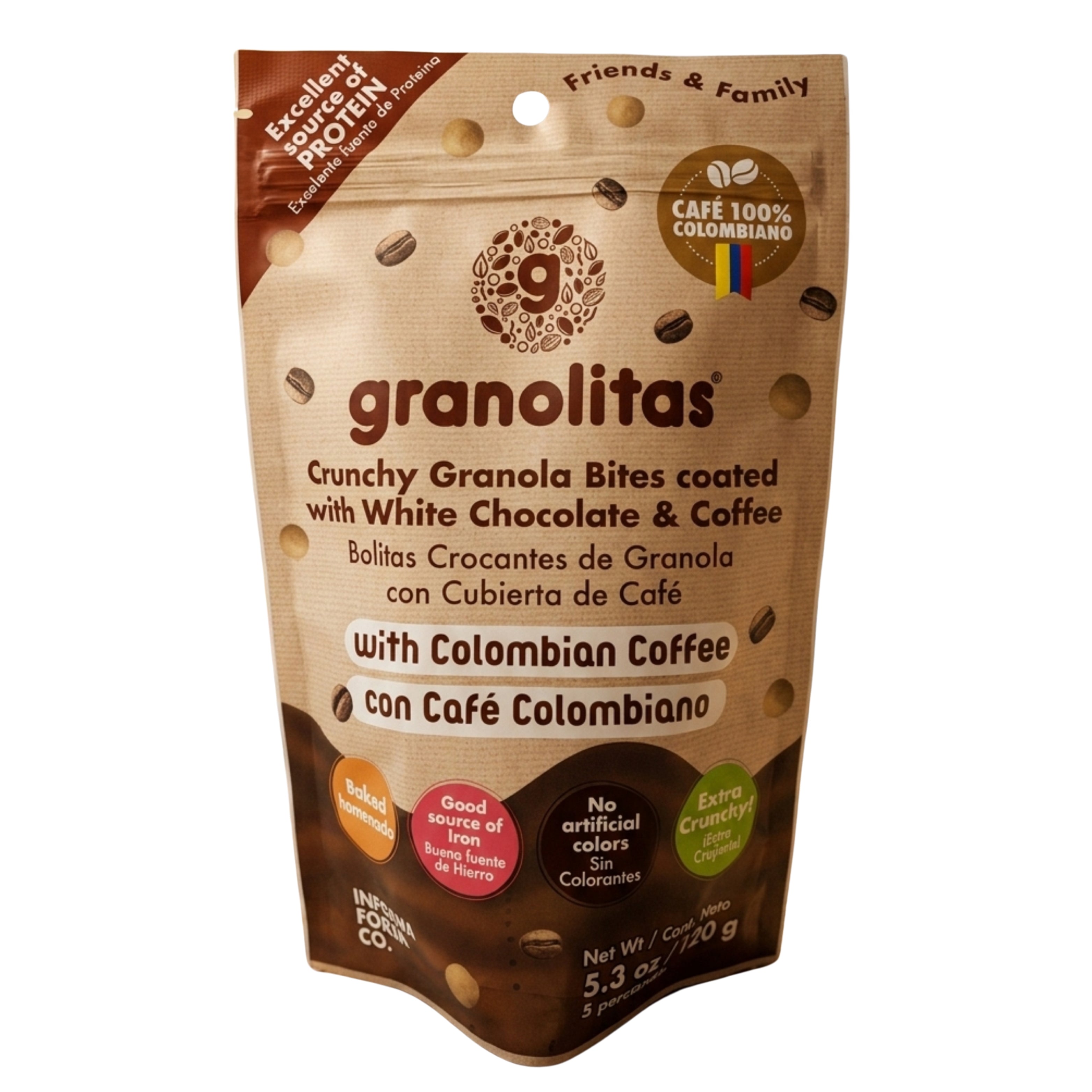 GRANOLITAS DE CAFÉ CON CUBIERTA DE CHOCOLATE BLANCO x 150g (Bolitas crocantes con cubierta de café)