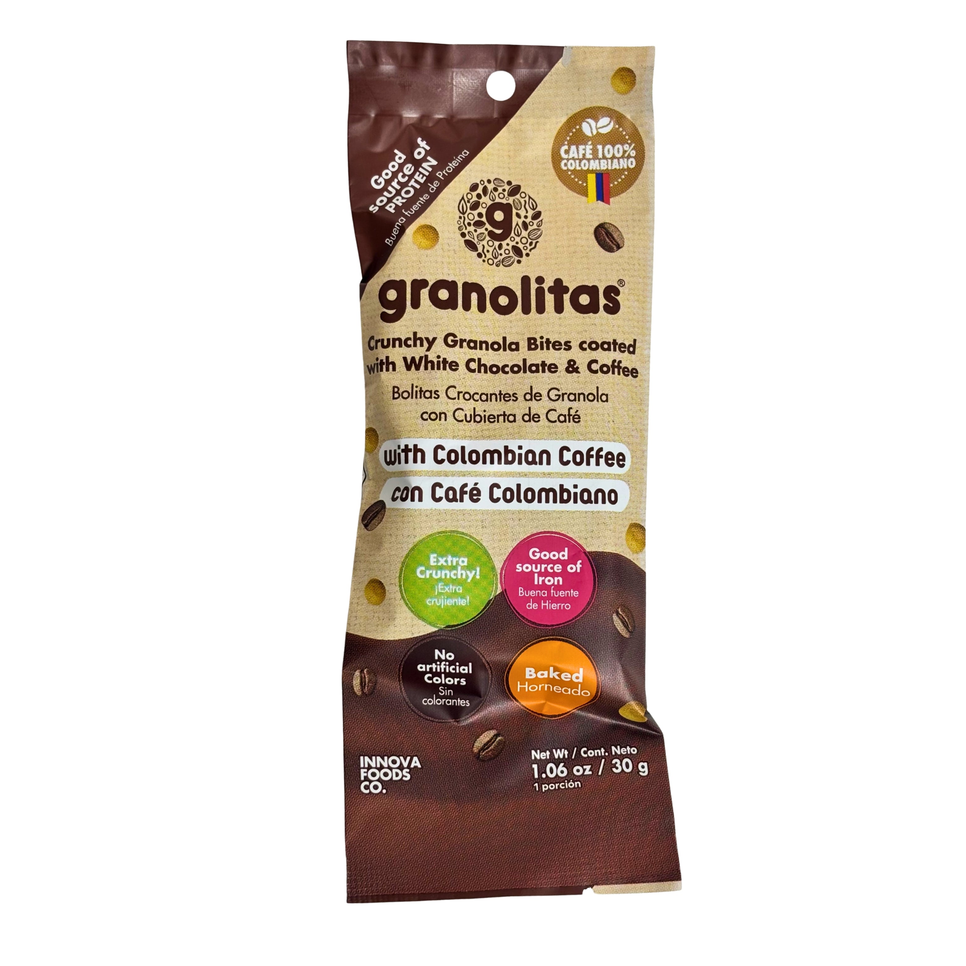 GRANOLITAS DE CAFÉ CON CUBIERTA DE CHOCOLATE BLANCO pack x 10 unidades de 30g (Bolitas Crocantes de granola)