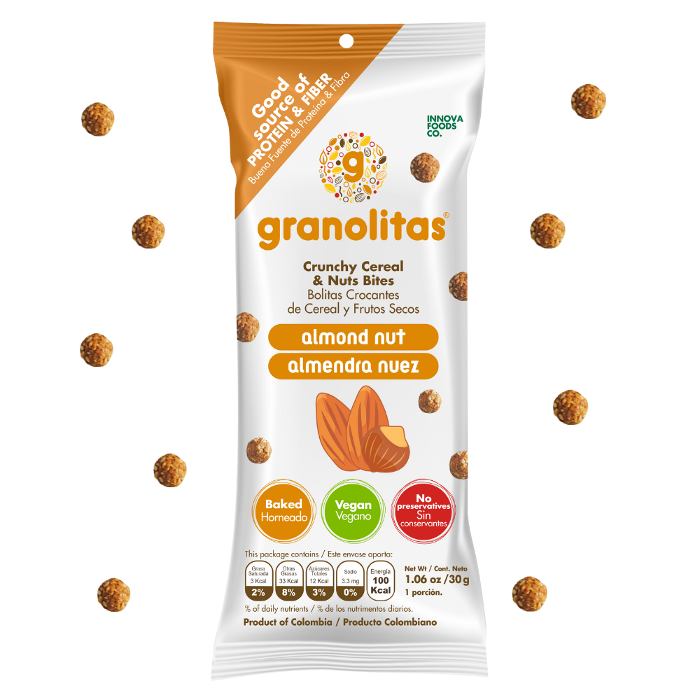 GRANOLITAS ALMENDRA NUEZ Pack x 10 unidades de 30g (Bolitas crocantes de granola))