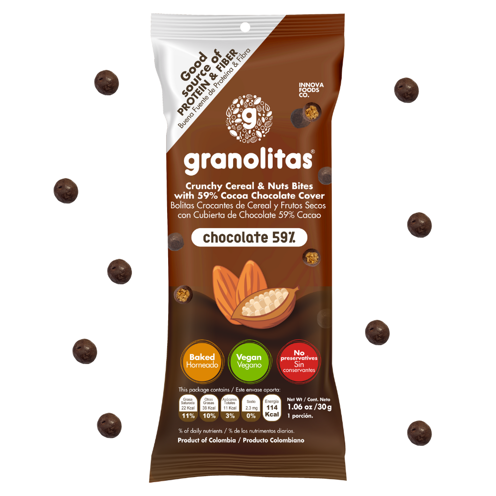 GRANOLITAS CHOCOLATE 59% Pack x 10 Unidades de 30g (Bolitas crocantes de granola con cubierta de chocolate 59% cacao)