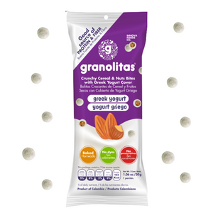 GRANOLITAS YOGURT GRIEGO Caja x 24 unidades de 30g (Bolitas crocantes de granola con cubierta de yogurt griego)