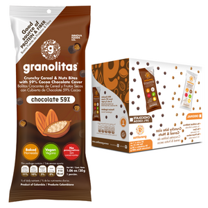 Granolitas Chocolate 59% Caja x 24 unidades de 30g (Bolitas crocantes con cubierta de chocolate 59% cacao))