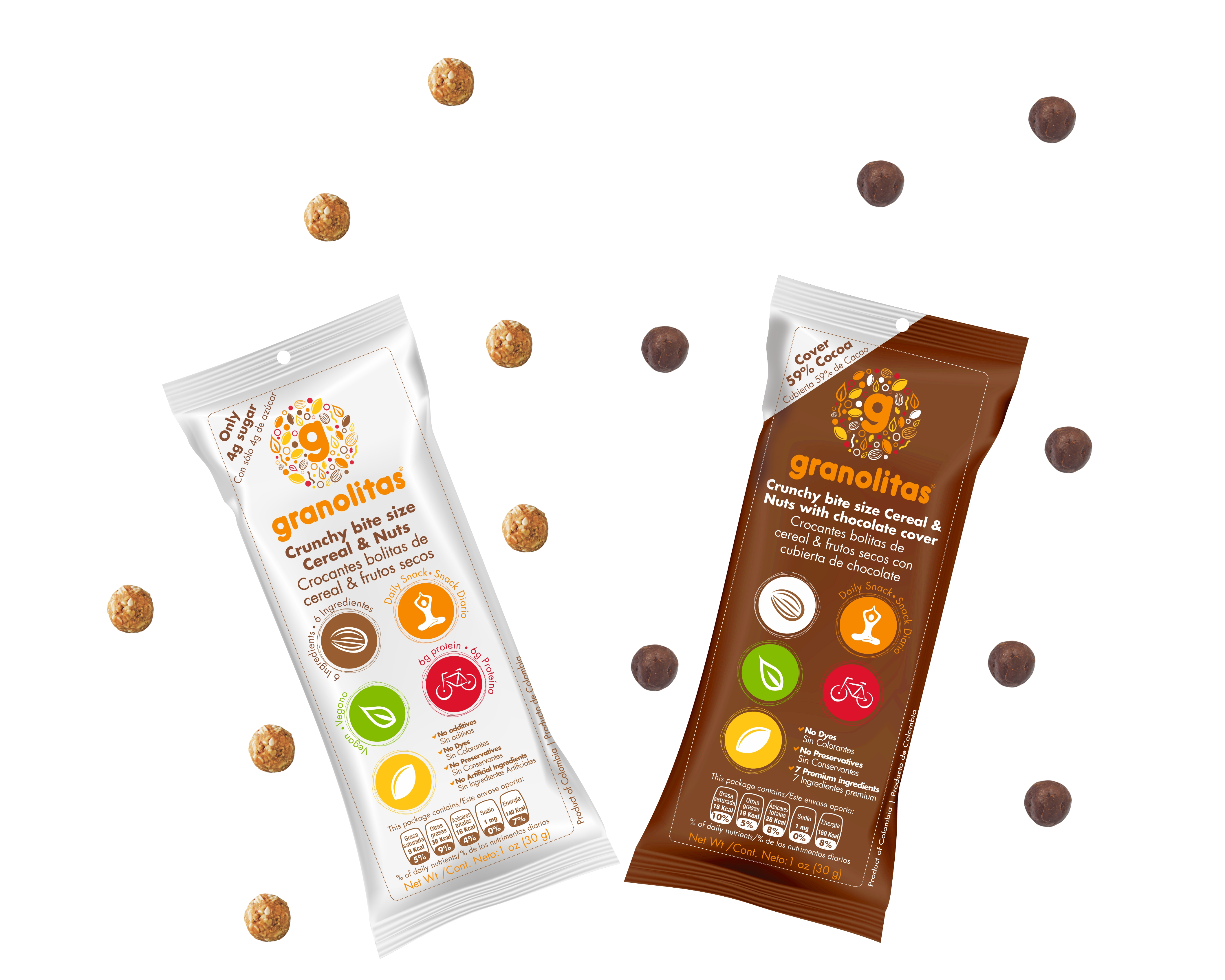 GRANOLITAS SURTIDAS ALMENDRA NUEZ & CHOCOLATE 59% Pack x 10 unidades 30g (Bolitas crocantes de granola en 2 sabores)