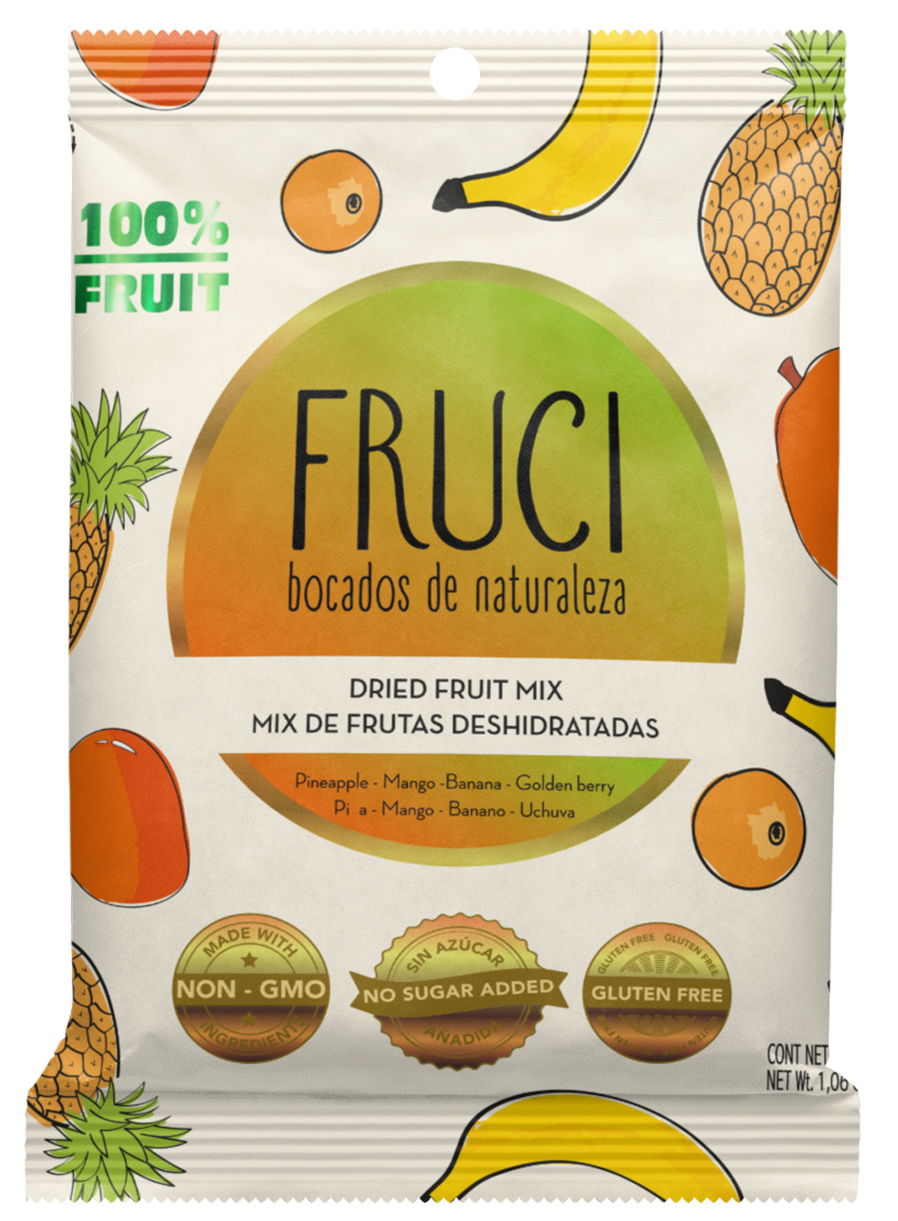 Fruci100% Surtidas Pack x 8 unidades 30g (Fruta deshidratada: Banano, Mango, Mix, Piña))